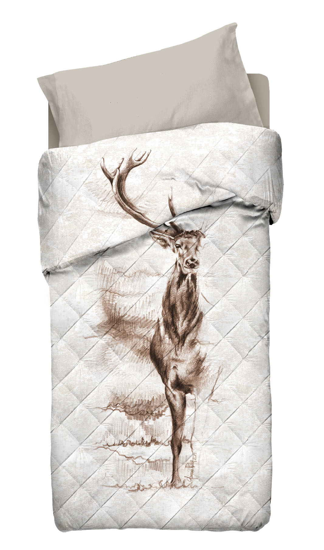 Angolo di Paola trapuntino disegno cervo e vari ungulati