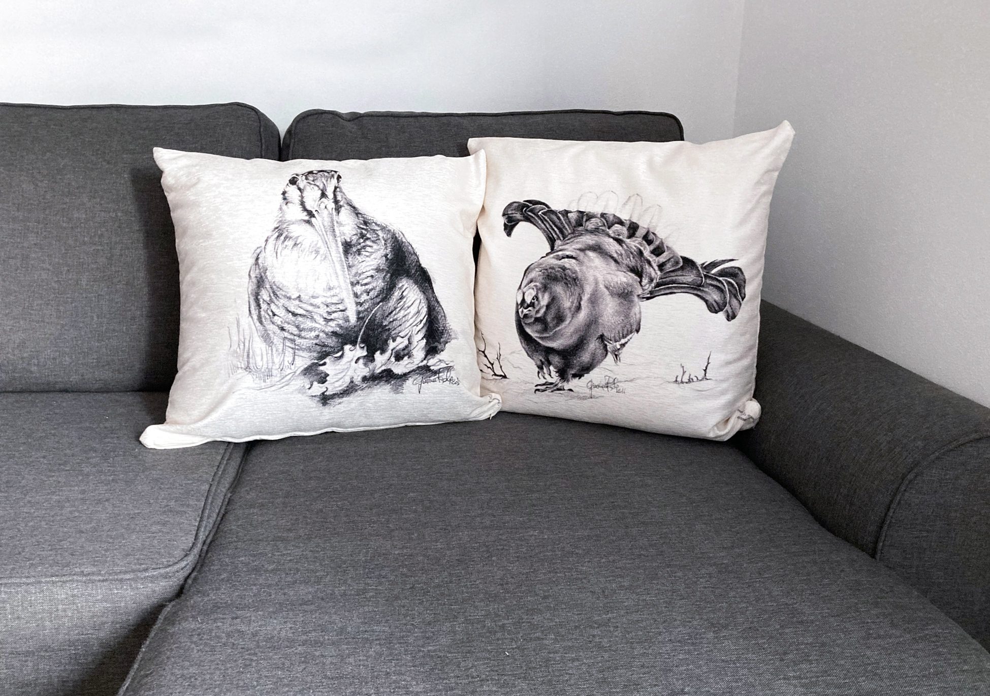 Cuscino divano disegno beccaccia e gallo angolo di Paola