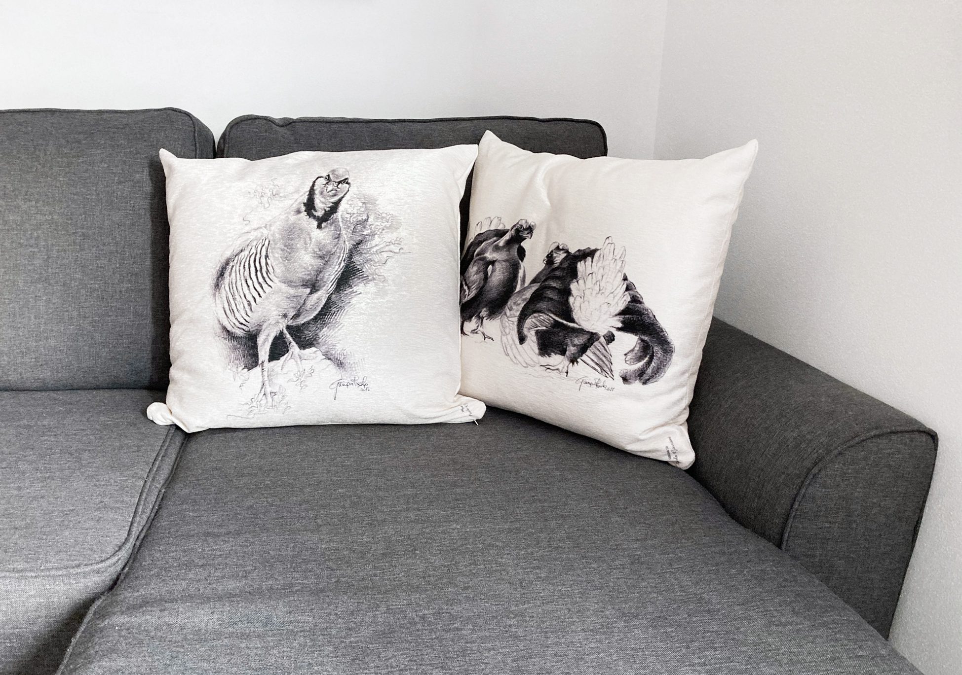 Cuscino divano disegno coturnice e galli angolo di Paola